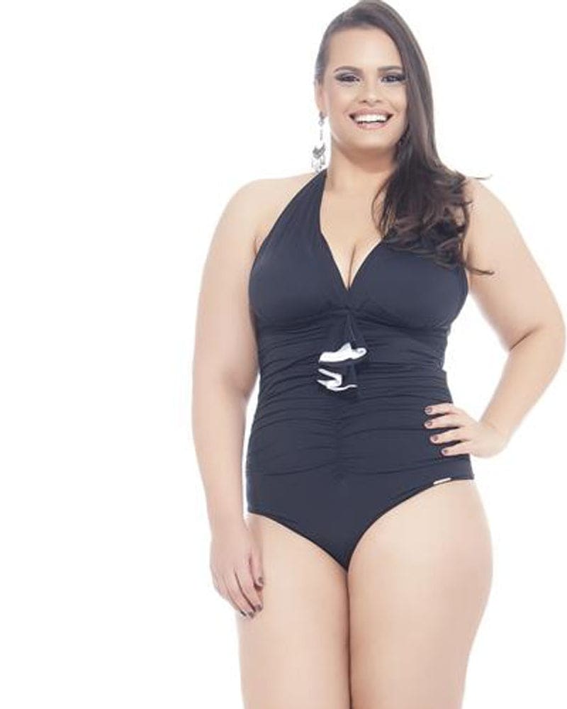 Front of a model wearing a size 22 Backless Swimsuit With Padded Cups in Black by Lehona. | dia_product_style_image_id:267464